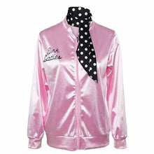Load image into Gallery viewer, Yfashion Women Jacket Fashion Letters Printing Baseball Uniform Pink Ladies Satin Jacket Women Coat with Polka Dot Scarf