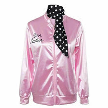 Load image into Gallery viewer, Yfashion Women Jacket Fashion Letters Printing Baseball Uniform Pink Ladies Satin Jacket Women Coat with Polka Dot Scarf